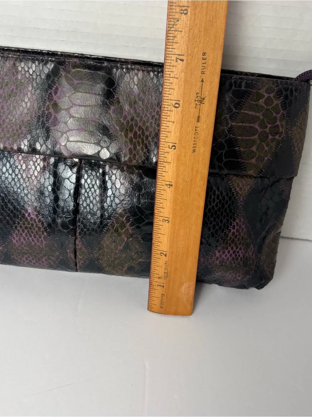 2-items NWOT- 1 snake skin harlequin diamond style pattern purple & blk clutch